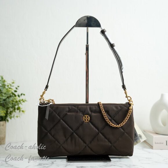 NWT Tory Burch Willa Nylon Zip Shoulder Bag in Dark Roast - Picture 1 of 11